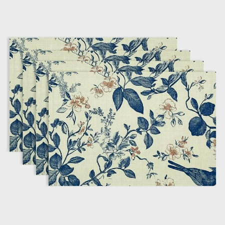 

Pratyus 4Pcs Floral Pattern Birds Foliage Linen Table Mat Set for Elegant Dining Heat-Resistant Place Mats for Home Decor and Parties 18x12in