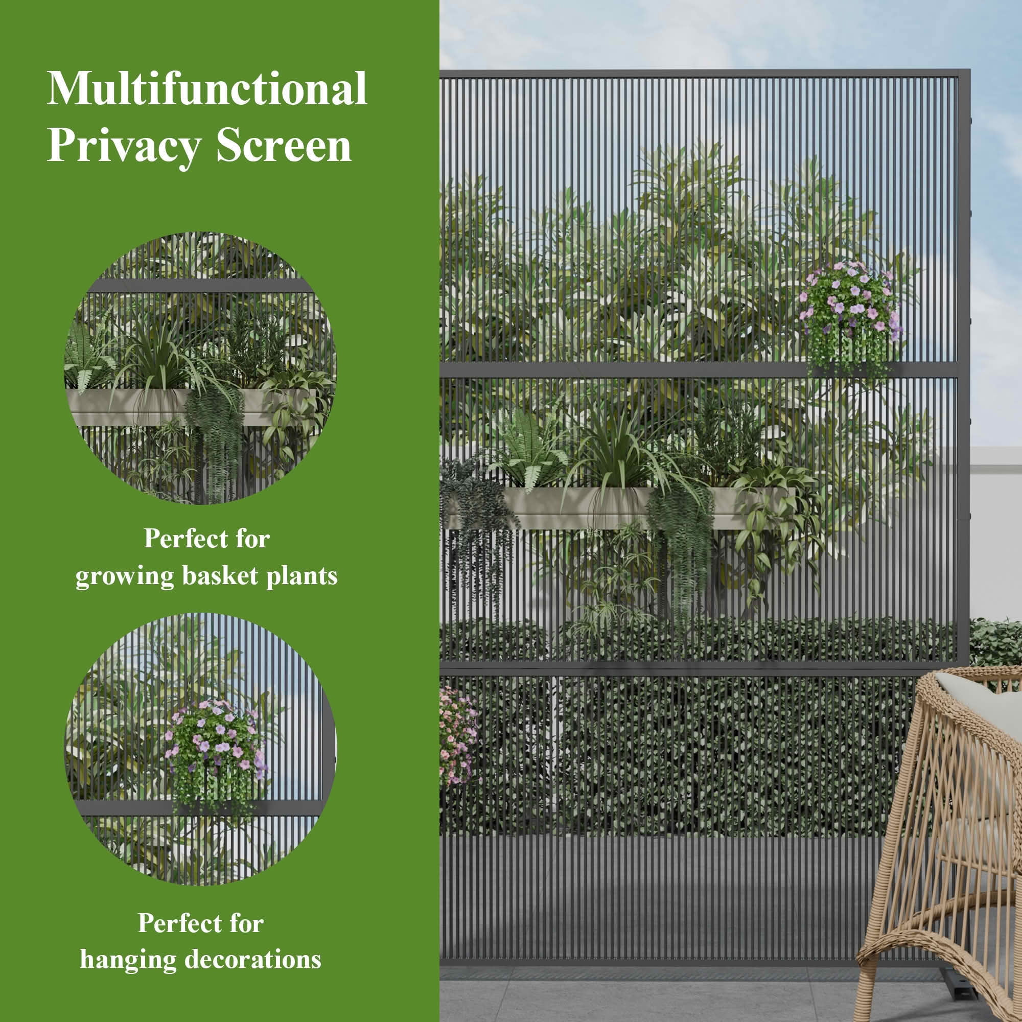 MAYEERTY 72x47x16 Inch Black Rattan Vertical Stripe Privacy Screen, 3 Piece Set for Outdoor Patio