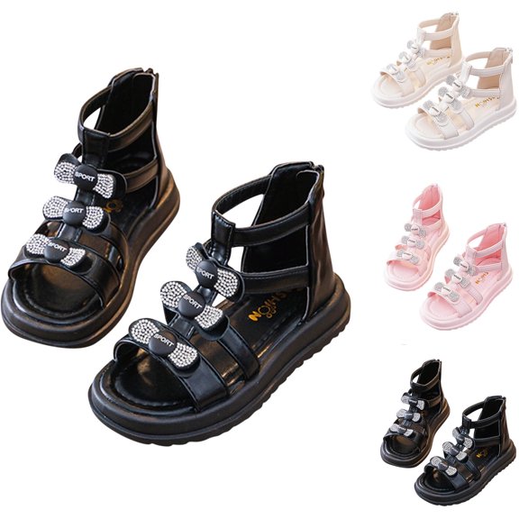 Xfvqtps Kids Girls Gladiator Sandals Back Zipper Rhinestone Bow High Top Open Toe Thick Bottom Soft Sole Non Slip Comfortable Breathable Summer Casual Wedding Party Dressy Shoes Black