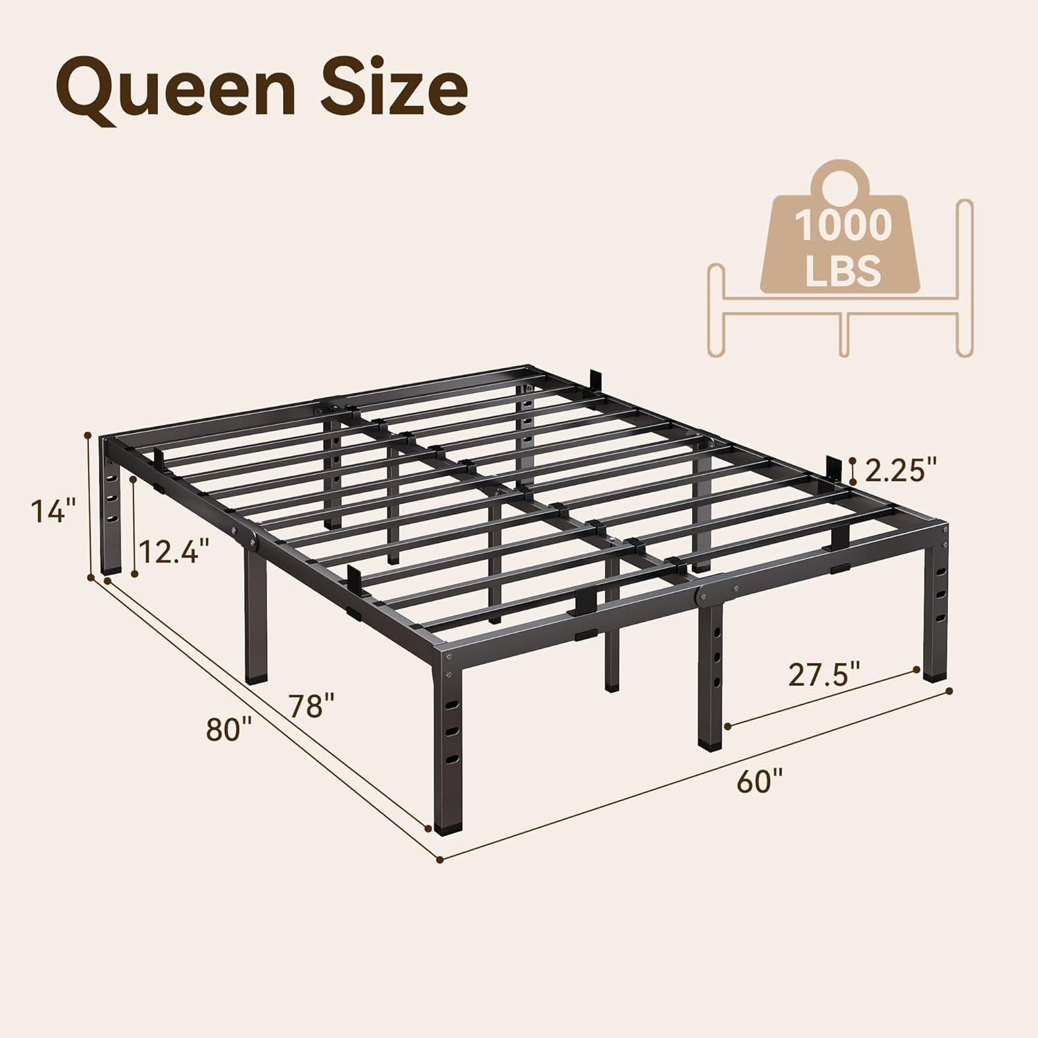 Sailvan 14" Queen Bed Frame, Strong Metal Beds with Anti-slip Guards & Under Storage, Heavy Duty Mattress Foundation, Black