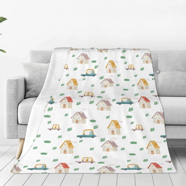 Balery Cartoon House Manta de Felpa Suave y Acogedora – Cobija de Franela Aterciopelada para Cama, Lavable y Cálida para Sofá, Mascotas, Transpirable-80"x60"