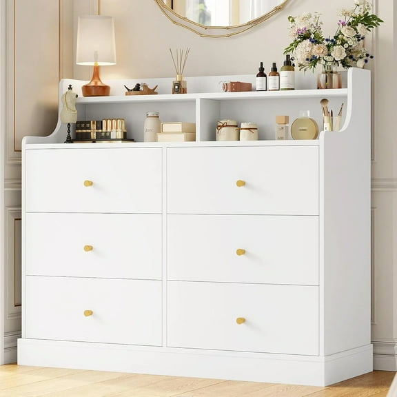 Cómoda de 6 Cajones, Cómoda Multifuncional para Dormitorio con Gran Capacidad Espacio de Almacenamiento, Sala, Pasillo o Entrada, Blanco, 113 x 40 x 90 cm