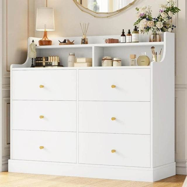 Cómoda de 6 Cajones, Cómoda Multifuncional para Dormitorio con Gran Capacidad Espacio de Almacenamiento, Sala, Pasillo o Entrada, Blanco, 113 x 40 x 90 cm