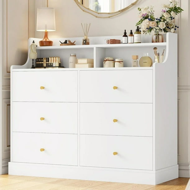 Cómoda de 6 Cajones, Cómoda Multifuncional para Dormitorio con Gran Capacidad Espacio de Almacenamiento, Sala, Pasillo o Entrada, Blanco, 113 x 40 x 90 cm