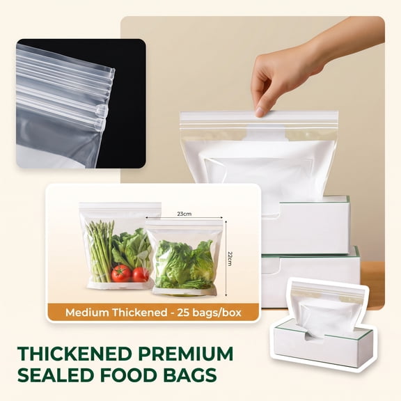 Medium Size Zipper Food Storage Fresh-Keeping Bags, Reusable Airtight Freezer Bags, 25 Pieces Per Box
