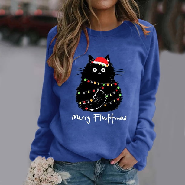 Ropa de Feliz Navidad para mujer, Jersey ligero de dibujos animados con Gato esponjoso, sudaderas gráficas dulces para mujer