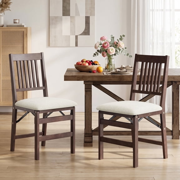 EOP Folding Dining Chairs Set of 2, Wooden Foldable Dining Room Chairs for Kitchen & Small Spaces, Mid Century Modern Upholstered Kitchen chairs, No Assembly Required, Beige