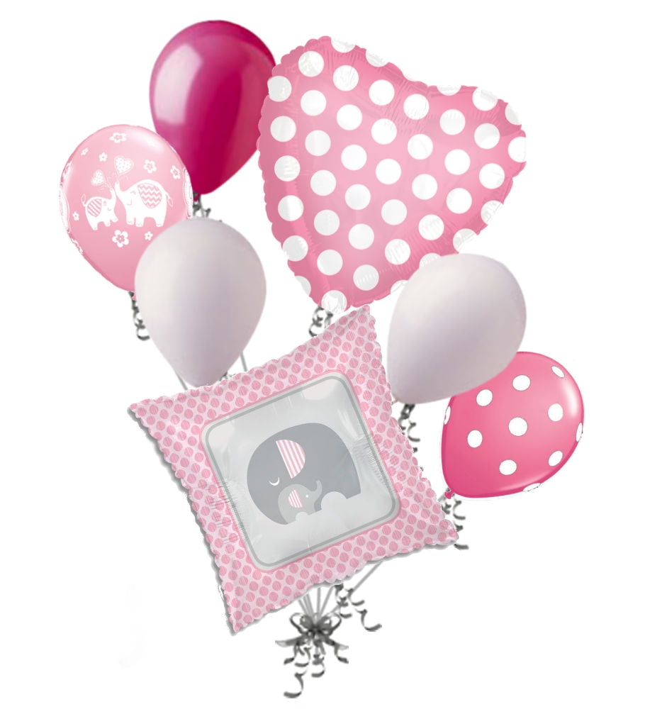 7 pc Pink & Grey Elephant Baby Girl Balloon Bouquet It's a Shower Welcome Home