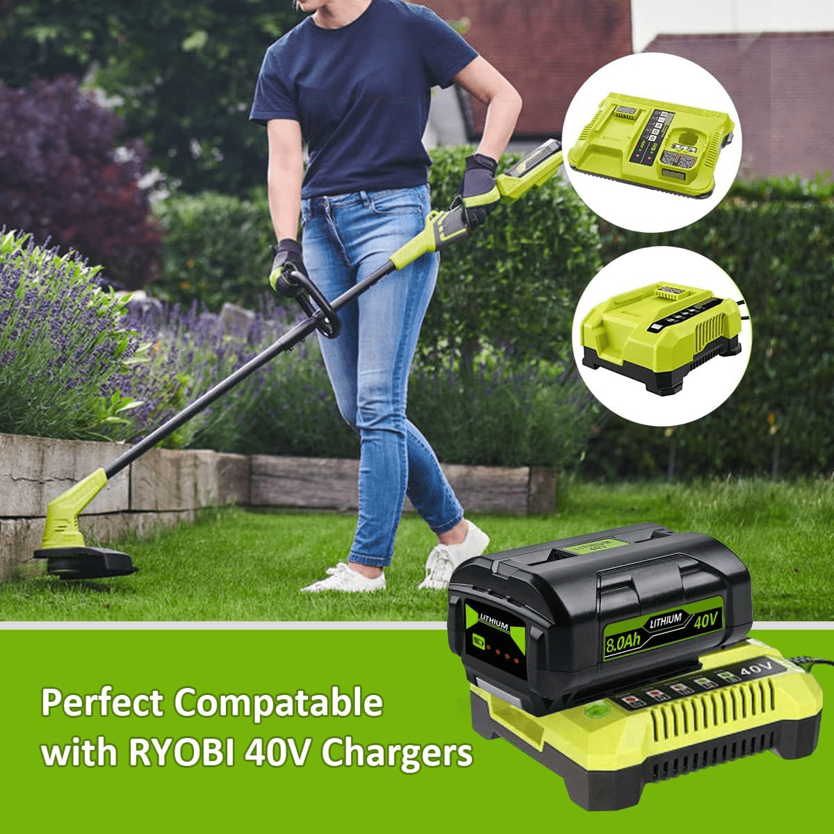 1 Pack 40V 8.0Ah Replacement for Ryobi Battery Compatible with Ryobi Battery 40v Fits for Ryobi 40v Battery 20V OP4060 OP4015 OP4026 OP40201 OP40261 OP4030 OP4040 OP40401 OP4050 OP40501 Fast Charging