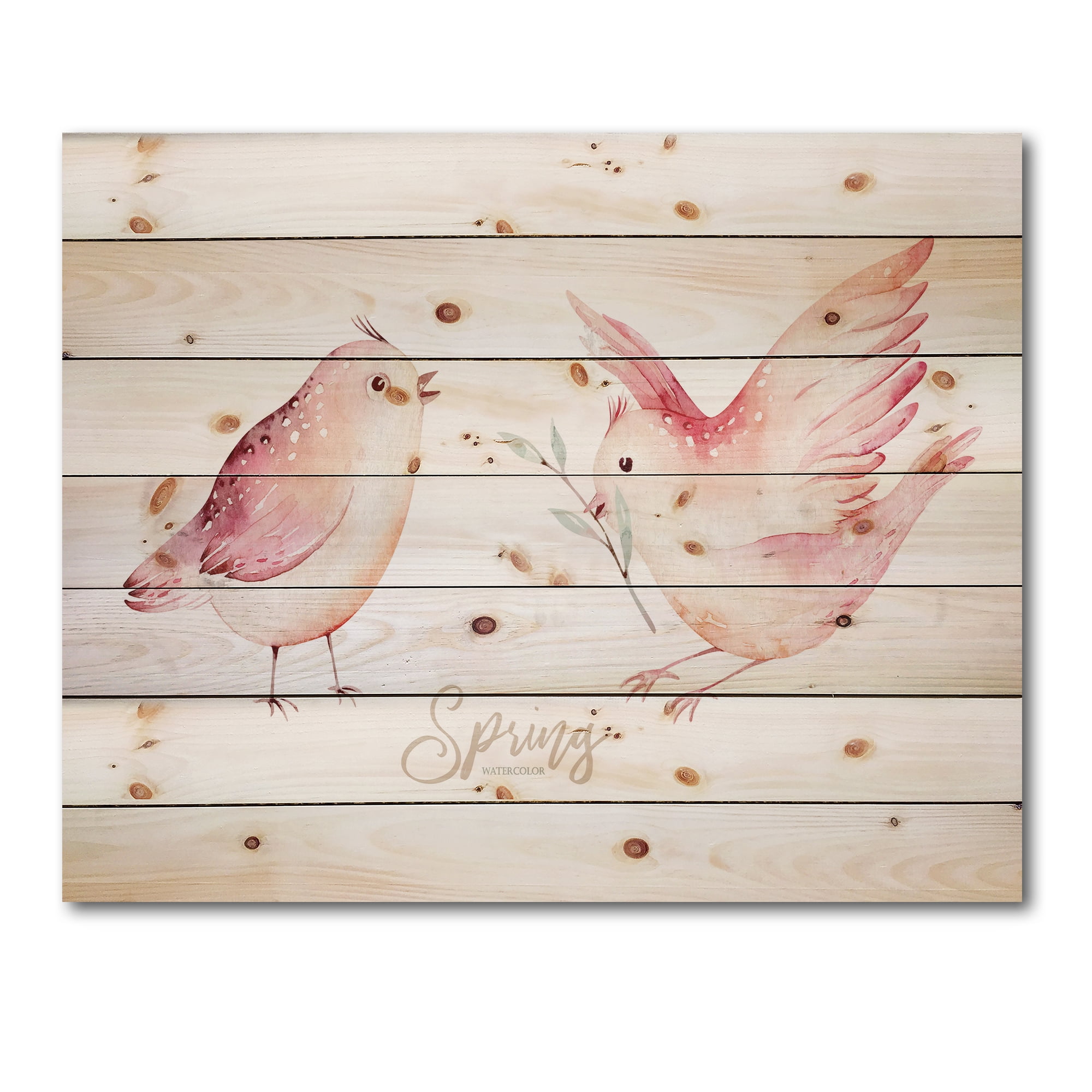 Designart 'Spring Bird With Green Leaves On White' Traditional Print on Natural Pine Wood