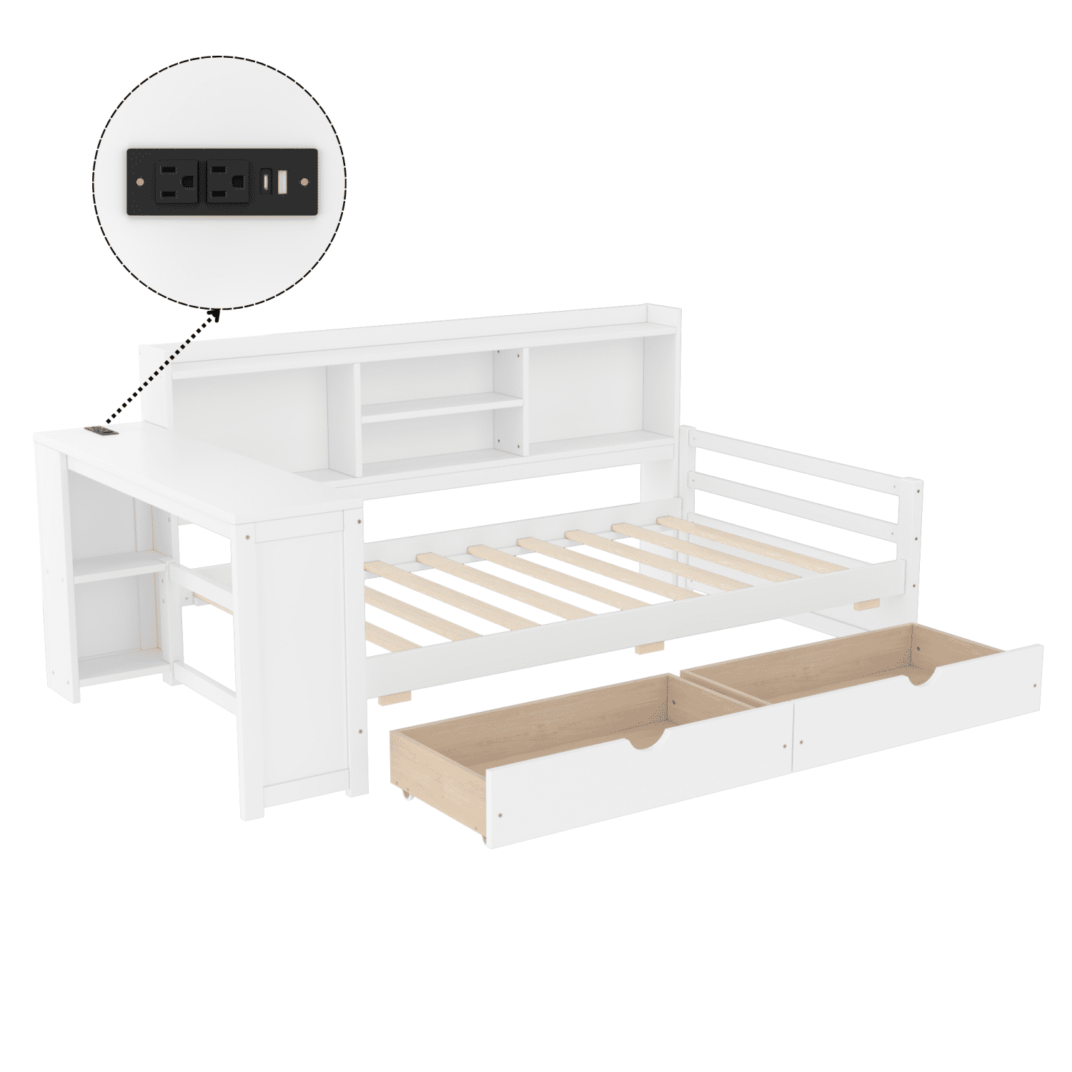 Leumius Twin Size Corner Bed with Desk and Storage Bookcase,Modern Daybed with 2 Drawers,Twin Size Wood Bed Frame with Charging Station,White