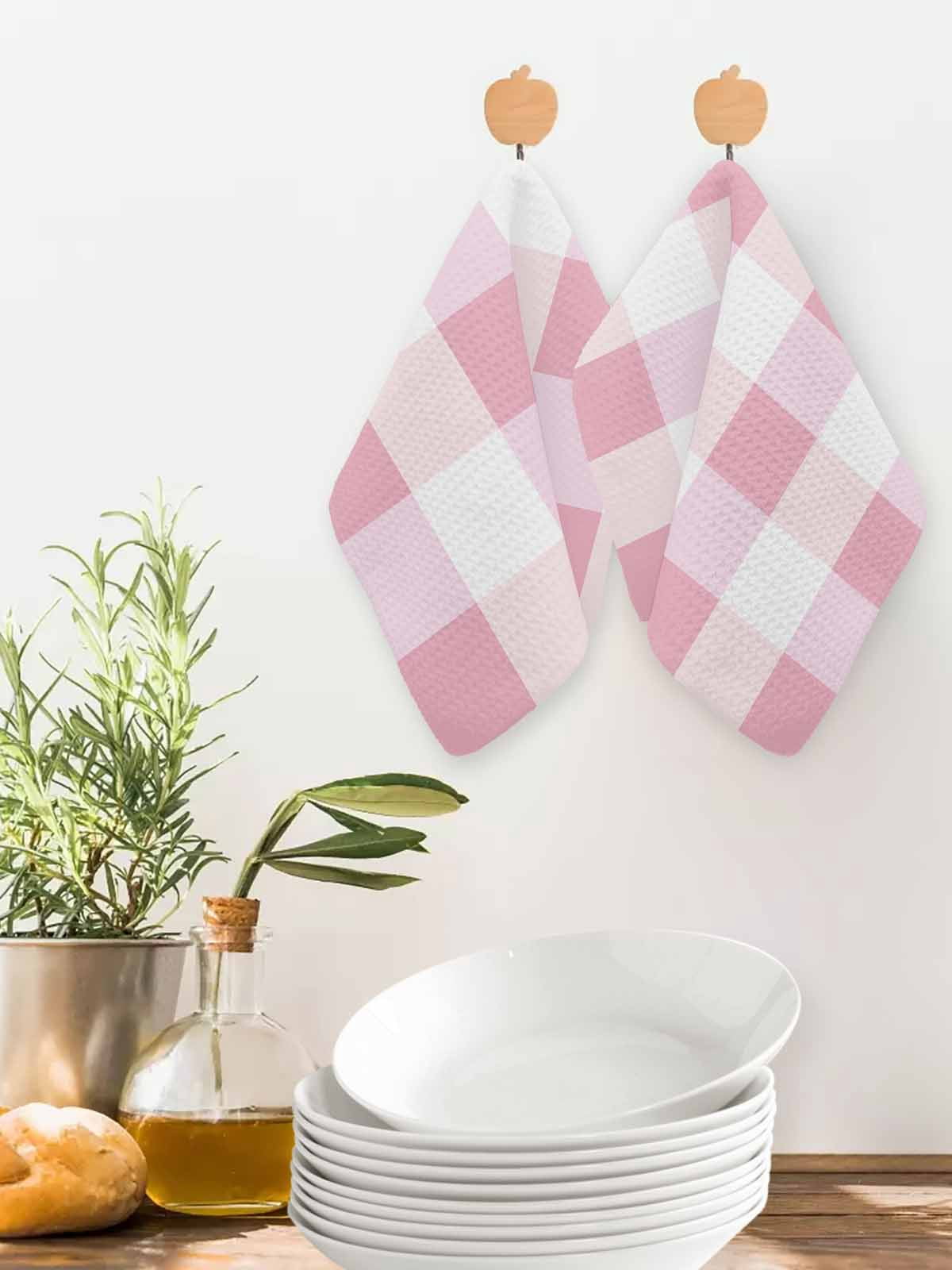 Pink Plaid Kitchen Dish Towels for Drying Dishes Set of 4, Spring Farmhouse Buffalo Checkered Waffle Weave Microfiber Hand Tea Bathroom Towels Quick Dry & Absorbent Towel 12x12