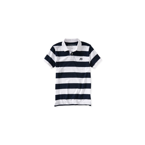 Aeropostale Mens Striped A87 Rugby Polo Shirt, Blanco, Small