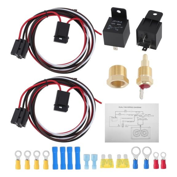 Unique Bargains 12V 40AMP Dual Electric Radiator Fan Relay Kit Electric Cooling Fan Wiring Kit Thermostat Switch 185 on 175 Off