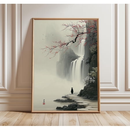 Japanese Waterfall Wall Art Zen Landscape Poster Traditional Asian Ink Painting Print for Living Room and Home Decor Poster Only