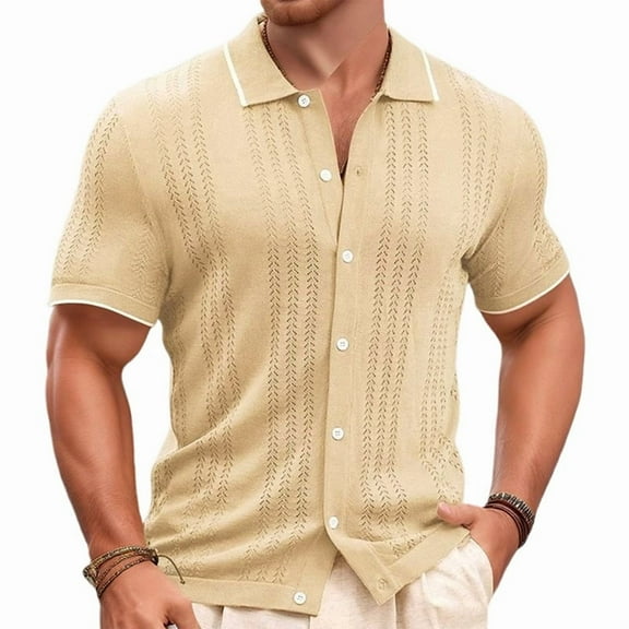 Men'S Summer Casual Thin Button Business Sweater Retro Short Sleeve Casual Beach Tops Khaki M