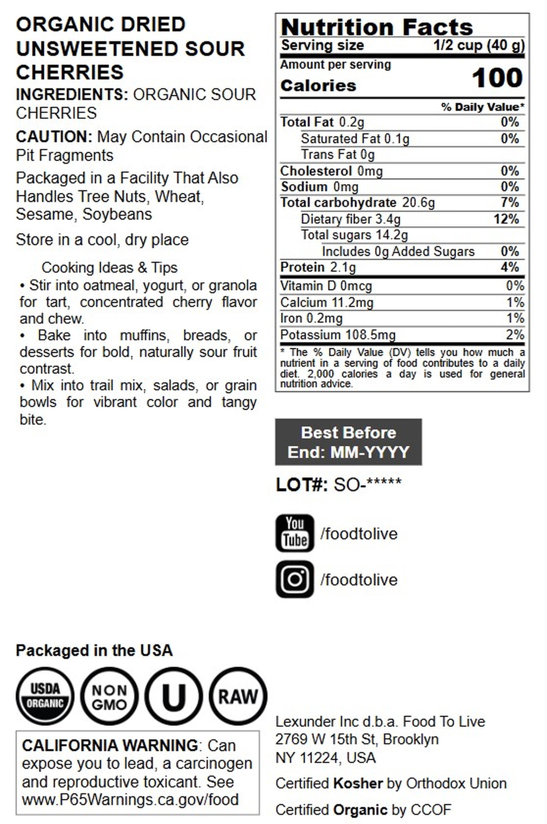 Organic Dried Unsweetened Sour Cherries, 8 Pounds — Non-GMO, Raw, Vegan — by Food to Live