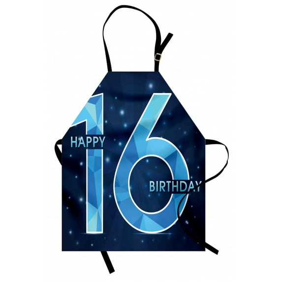 16th Birthday Apron Greeting Joyful Cheerful Age Party Celebration on Night Sky Display, Unisex Kitchen Bib Apron with Adjustable Neck for Cooking Baking Gardening, Dark and Sky Blue, by Ambesonne