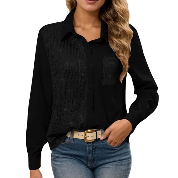 Tiweut Button Down Shirts for Women Sequin Party Elegant Long Sleeve Lapel Relaxed Fit Tops