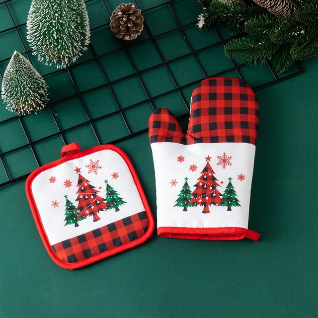 xihome Guantes de horno aislantes navideños, resistentes al calor, juego de 2, forrados en polister y algodn, aptos para microondas, equipo de proteccin para cocinar
