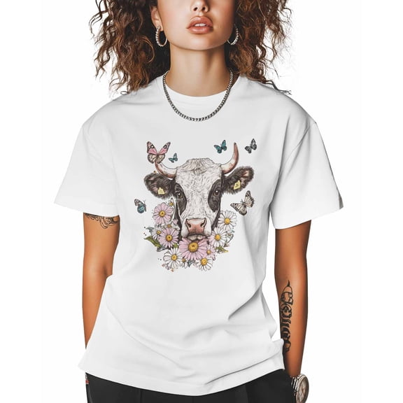 T Shirts for Women Short Sleeve Cotton Crewneck T-Shirt, Farm Dairy Cow Daisy Butterfly Tee Tops Casual Basic T-Shirts, XS-5XL White M