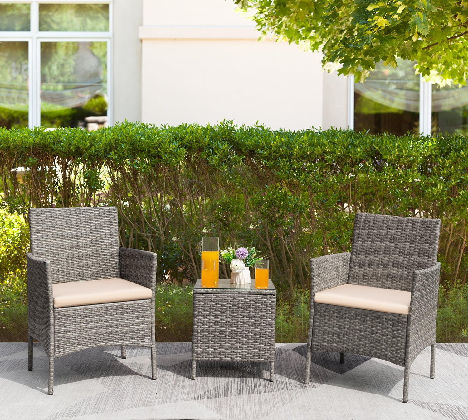 Devoko 3 Pieces Patio Furniture Set Outdoor Conversation Set Wicker Bistro Chairs Set of 2 with Coffee Table for Porch Backyard Balcony,, Gray/Beige