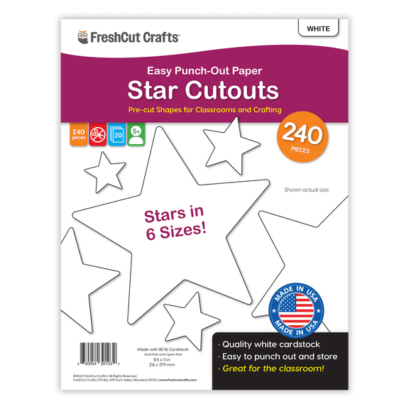 FreshCut Crafts Punch Out Paper Cutouts, Star Shapes, White, 240 Pieces