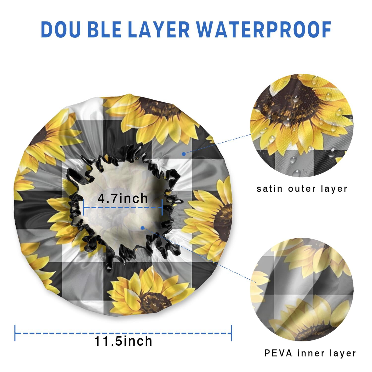 Shower Caps,Black White Gray Checker Sunflower Pattern Waterproof Shower Cap for Women 4 Pieces,Double Reusable Hair Cover for Shower PEVA Elastic Stretch Hem