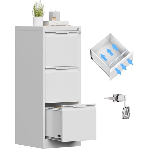 3 Drawer File Cabinet with Lock, Small Filing Cabinets for Home Office,17.8" D Metal File Cabinet for Under Desk, Vertical White File Cabinets for Legal/Letter Size File, Easy Assembly