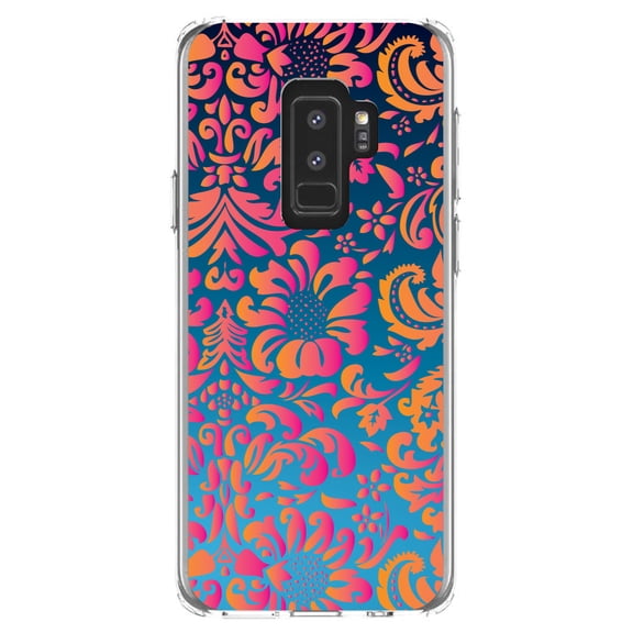 DistinctInk Clear Shockproof Hybrid Case for Samsung Galaxy S9  PLUS (6.2" Screen) - TPU Bumper, Acrylic Back, Tempered Glass Screen Protector - Pink Orange Blue Flower Floral