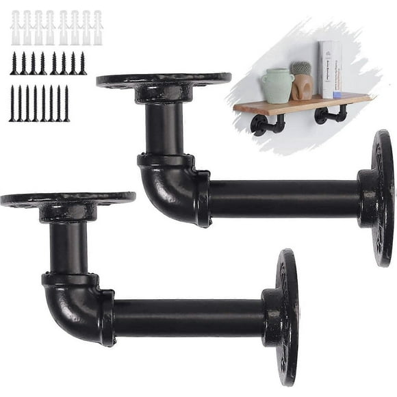 Pipe Shelf Brackets, 2 Pack Industrial Black Pipe Shelf Brackets Wall Mounted Metal Rustic L Pipe Heavy Duty Brackets for Book Shelf Floating Shelves