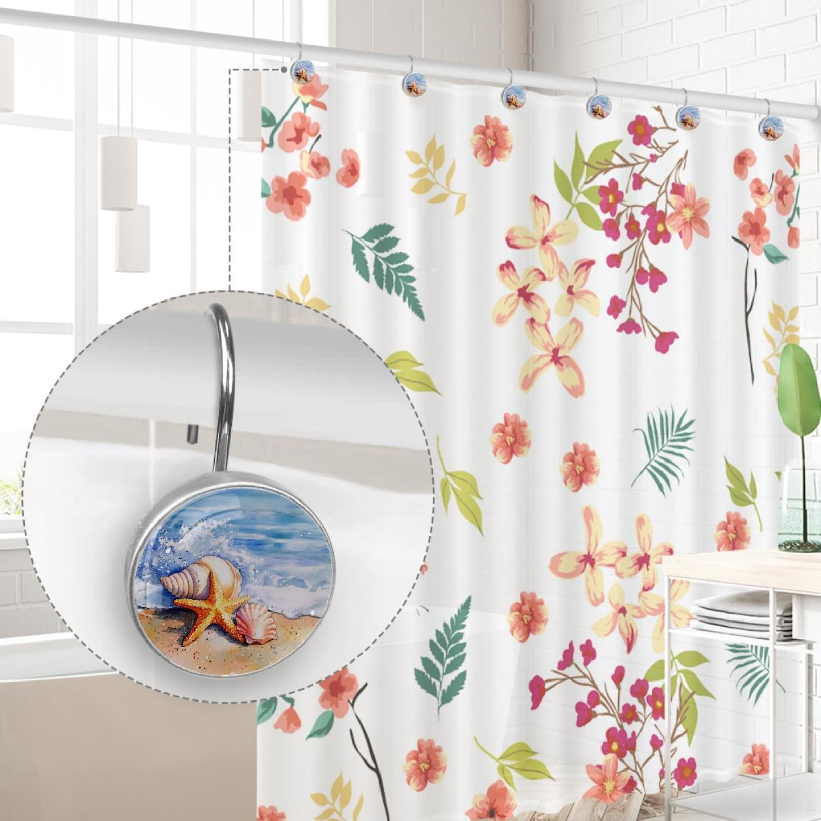 Beach Starfish Conch Shower Curtain Hooks Round Crystal Glass, Set of 12 Shower Curtain Rings - Shower Hooks for Curtain Shower Rings