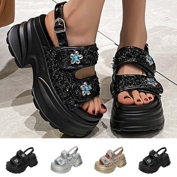 Miluxas Platform Sandals Women Footwear – Comfortable Shiny Leather Chunky Soled Summer Casual Beach Sandals for Women Silver 7(39)