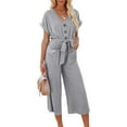 thumbnail image 4 of VISgogo Mono recortado para mujer, manga corta, cuello en V, cierre de botón, lazo en la cintura, pantalones sólidos con bolsillos VISgogo moda, 4 of 9