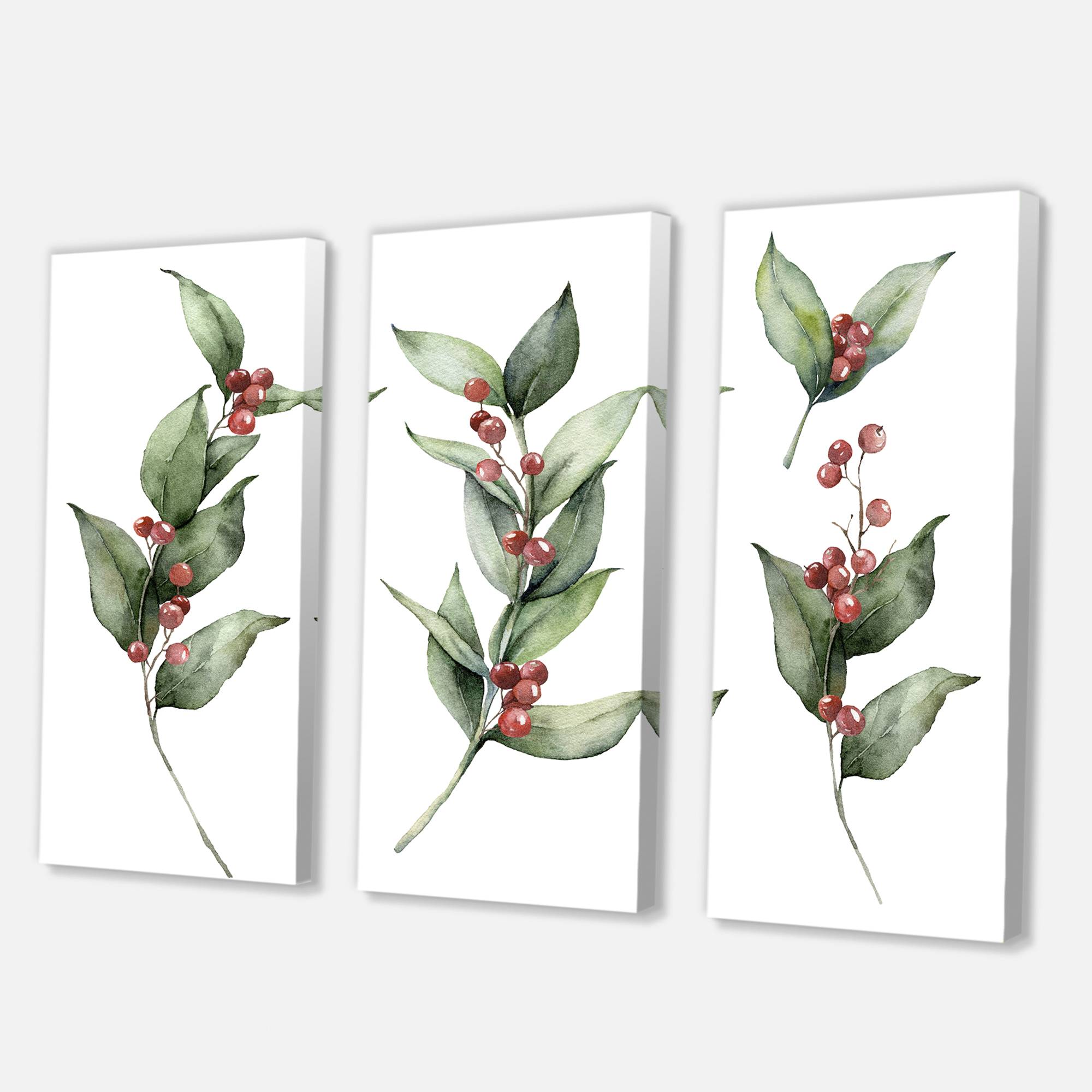 Designart ' Christmas Set Red Berrie With Branches ' Traditional Canvas Wall Art Print
