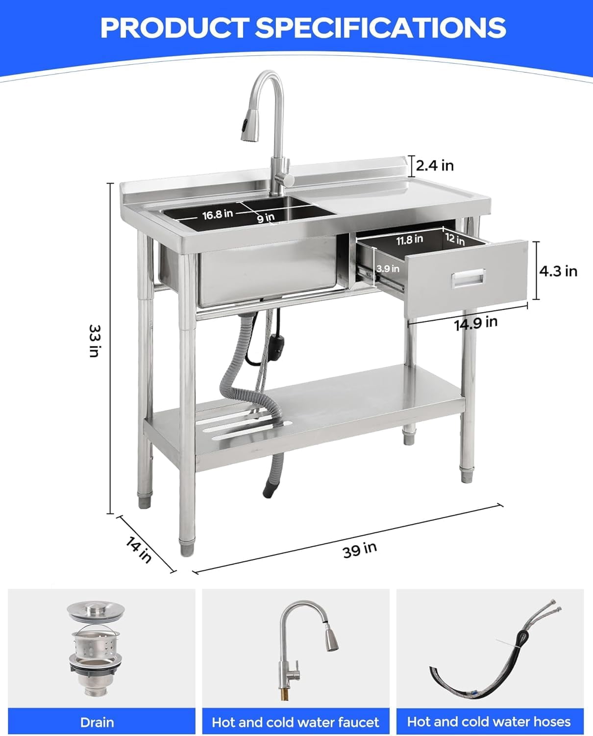 Accreate 39 Inch Single Bowl Stainless Steel Utility Sink, Free Standing Unit with Drawer, Workbench, Storage Rack, Faucet & Full Plumbing Set