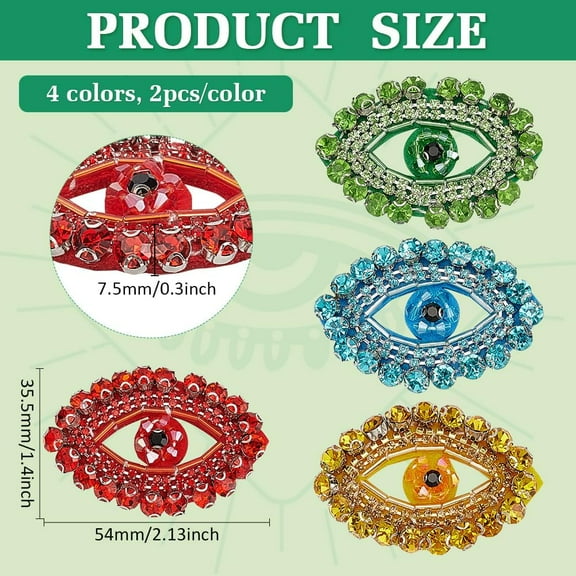 Rhinestone 8 PCS Egypt Evil Eye Patch 1.4x2.1inches 4 Color Bling Rhinestone Beaded Patches Evil Eye Beaded Appliques Patch Glitter Eye Shape Sew On Applique for Cloth Backpack Decoration
