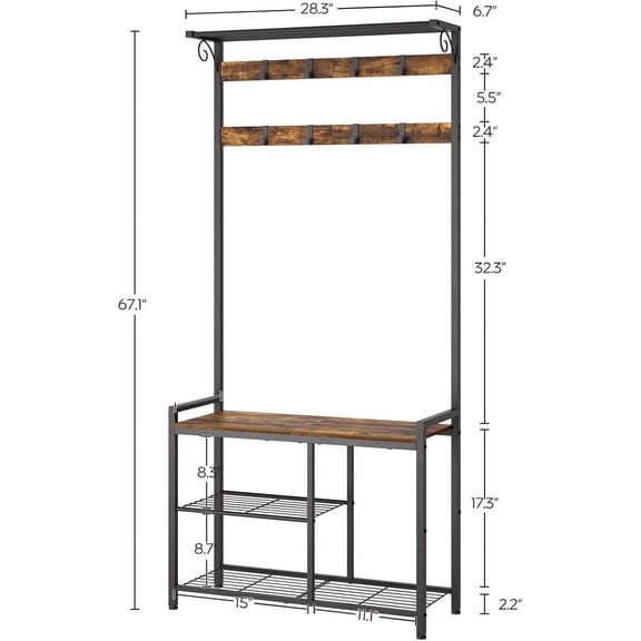 4-in-1 Entryway Coat Rack Bench with Hanging Rod and Shelves, 8 Hook Hall Tree Organizer, Rustic Brown and Black, Space Saving Storage Solution for Hallway or Corridor