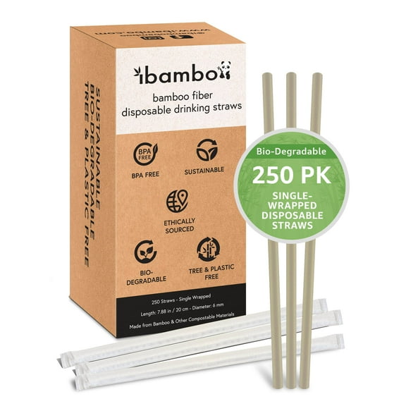 Ibambo 250 Pack Single Wrapped Disposable Bamboo Fiber Drinking Straws - 7.87 Inch