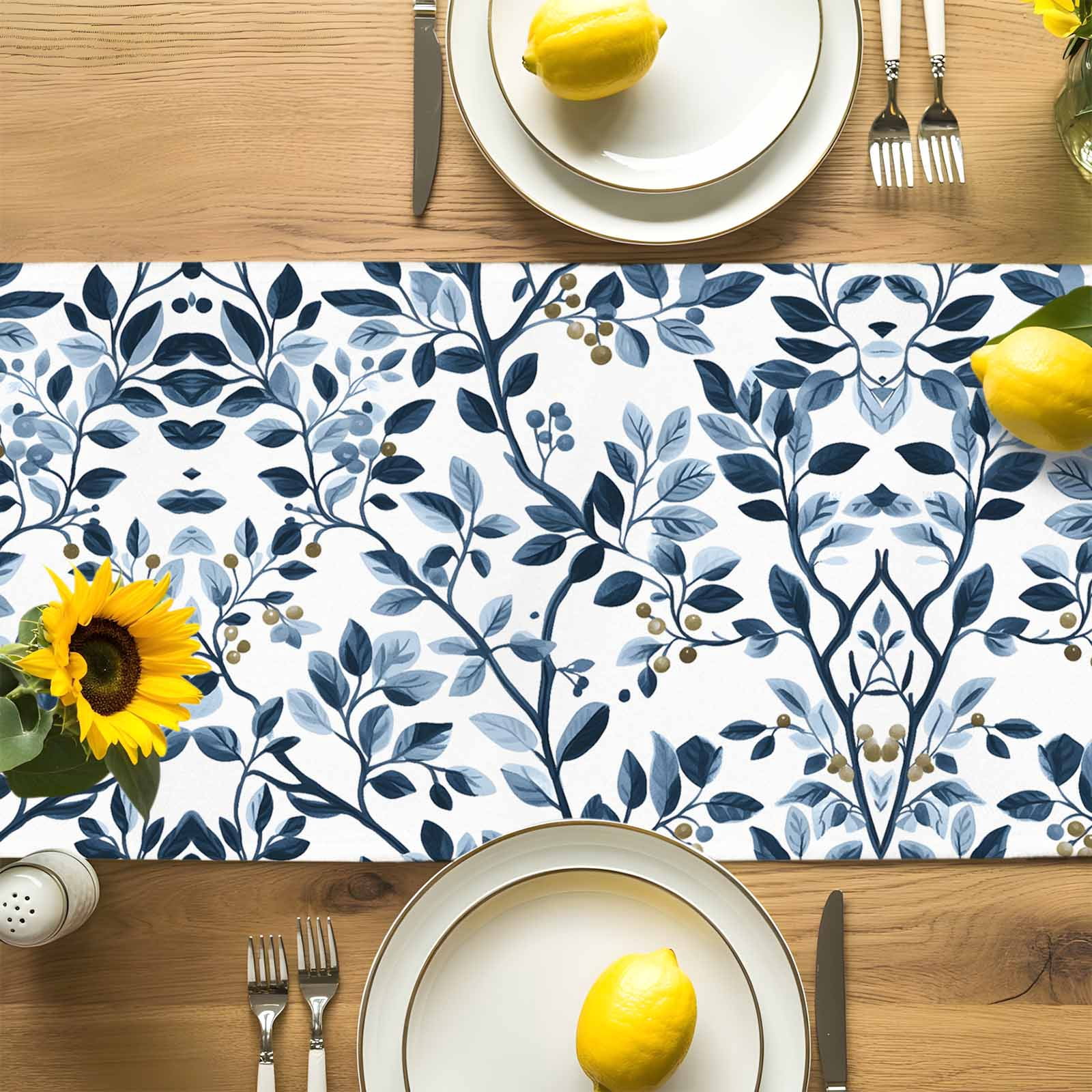 Farmhouse Vintage Branches Table Runner 90 Inches Long, Country Blue Leaf Fruit Table Runners Tabletop Scarf Kitchen Dining Tables Decoration for Home Party Indoor Outdoor