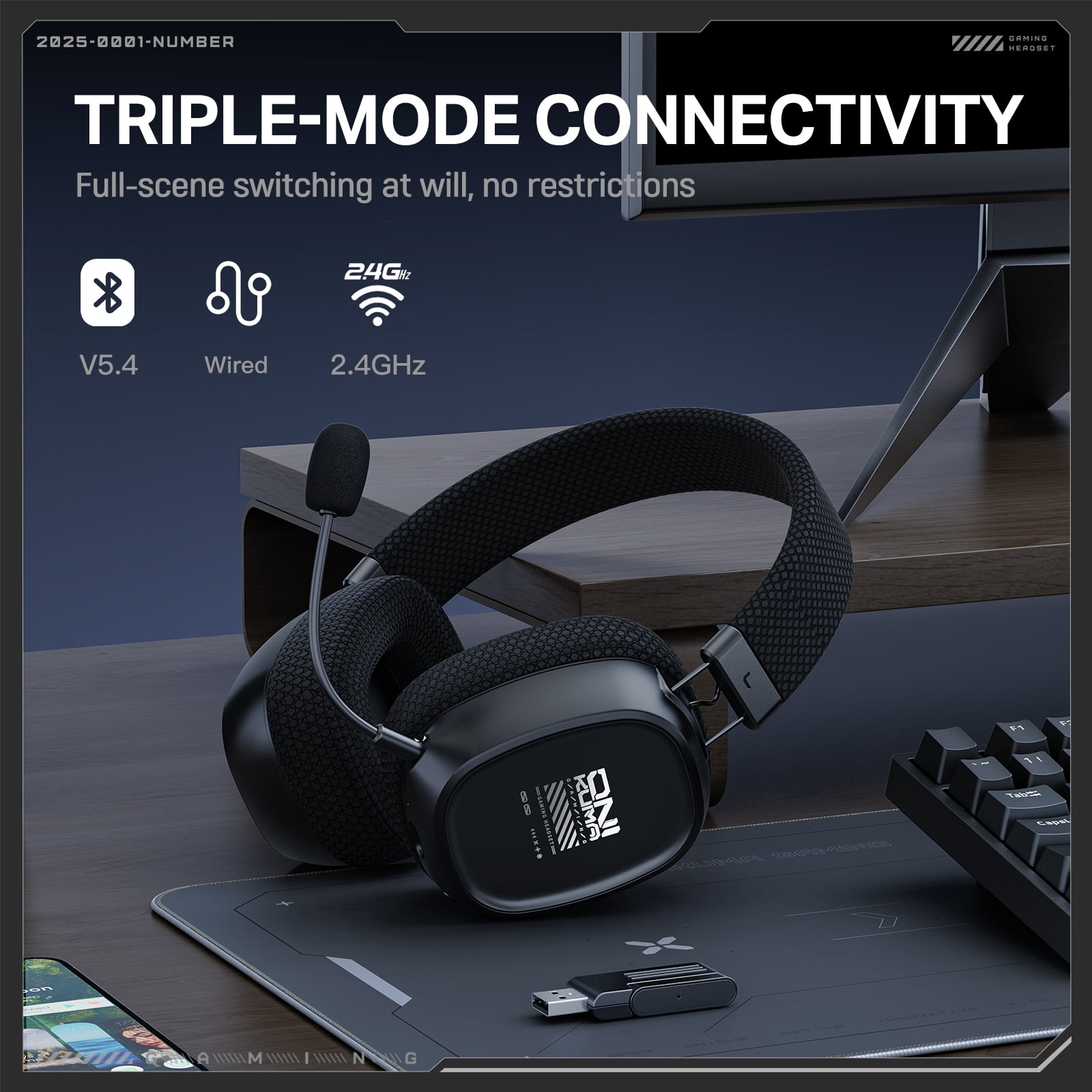Wireless Gaming Headset for PS5/PC/PS4/Nintendo Switch,2.4G/Bluetooth Gaming Headphones with Detachable Noise Canceling Mic/176g Lightweight/Surround Sound/Long Battery Life Black