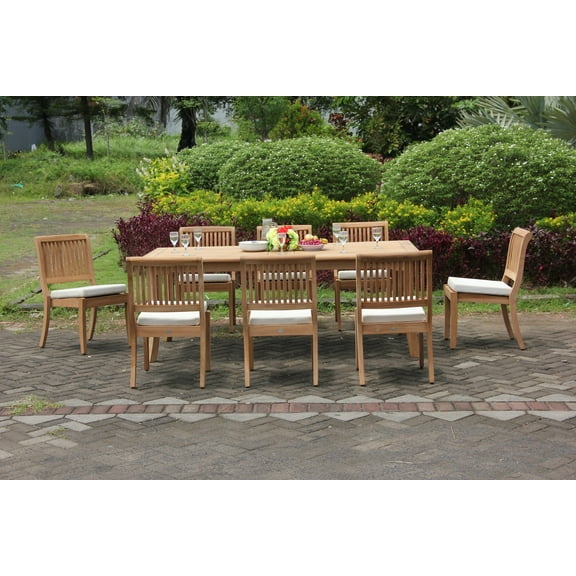 Teak Dining Set: 8 Seater 9 Pc: 117" Double Extensions Rectangle Dining Table & 8 Arbor Stacking Armless Chairs Outdoor Patio Grade-A Teak Wood WholesaleTeak #WMDSAB29