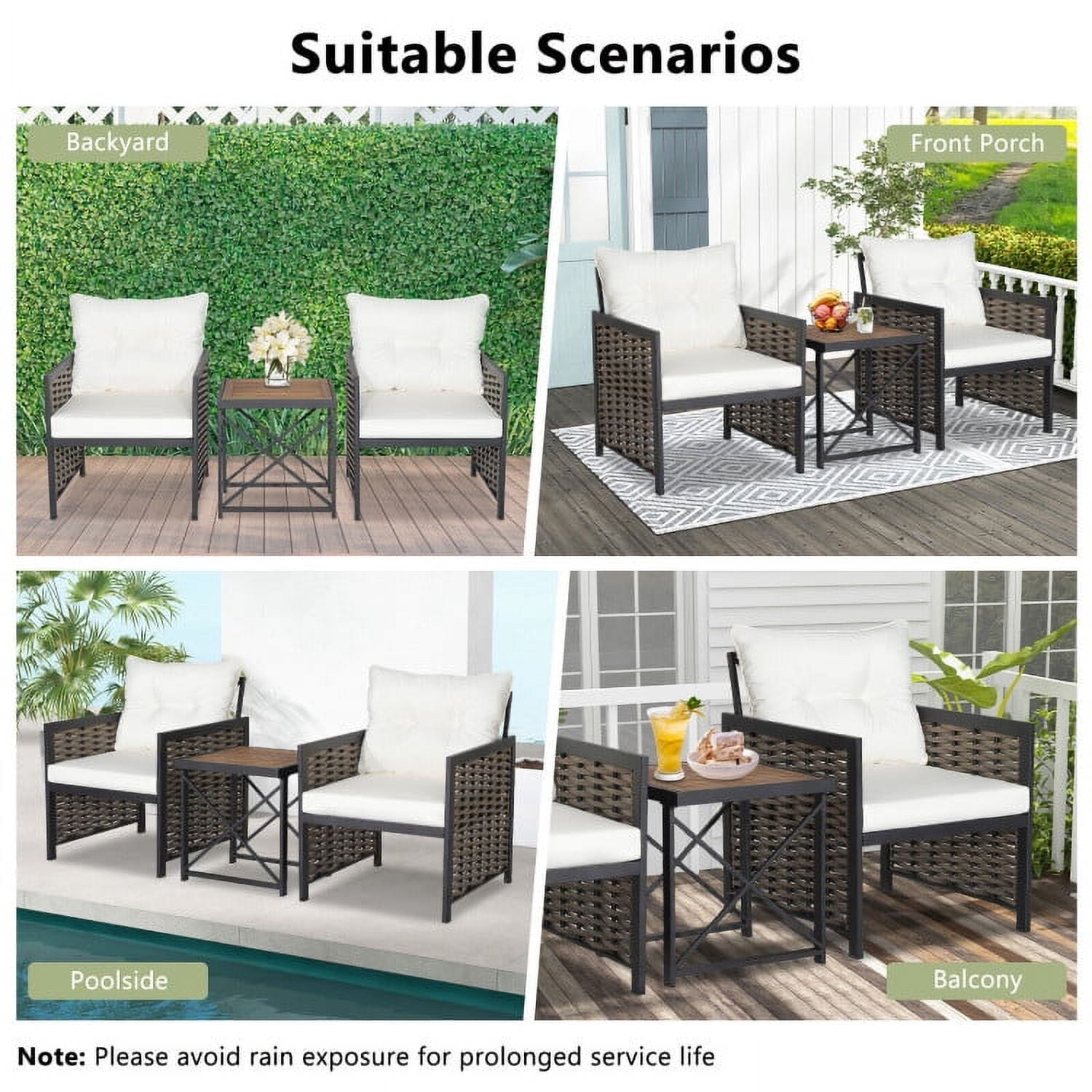 Aimee Lii 3 Piece Patio Rattan Furniture Set with Acacia Wood Tabletop, Backyard Furniture, White Aimee Lii 3 Piece Patio Rattan Furniture Set with Acacia Wood Tabletop, Backyard Furniture, White