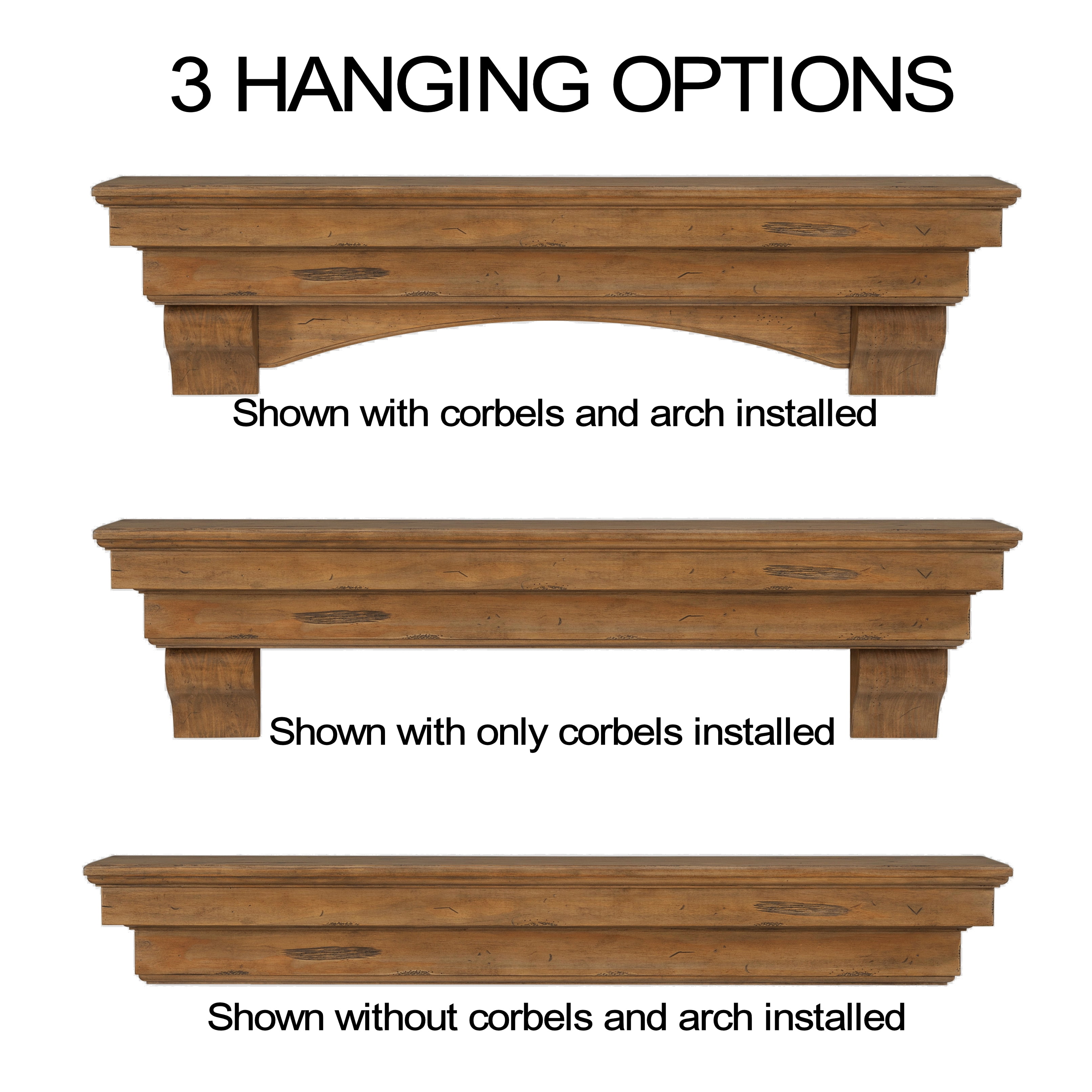 Pearl Mantels Celeste Versatile Hand Distressed and Hand Finished Premium Pine Wood Mantel Shelf, Antique Finish, 48″L & 9.5″D, Hang Alone, with Corbels or with Corbels and Arch (Included) Sansujyuku sansujyuku.com