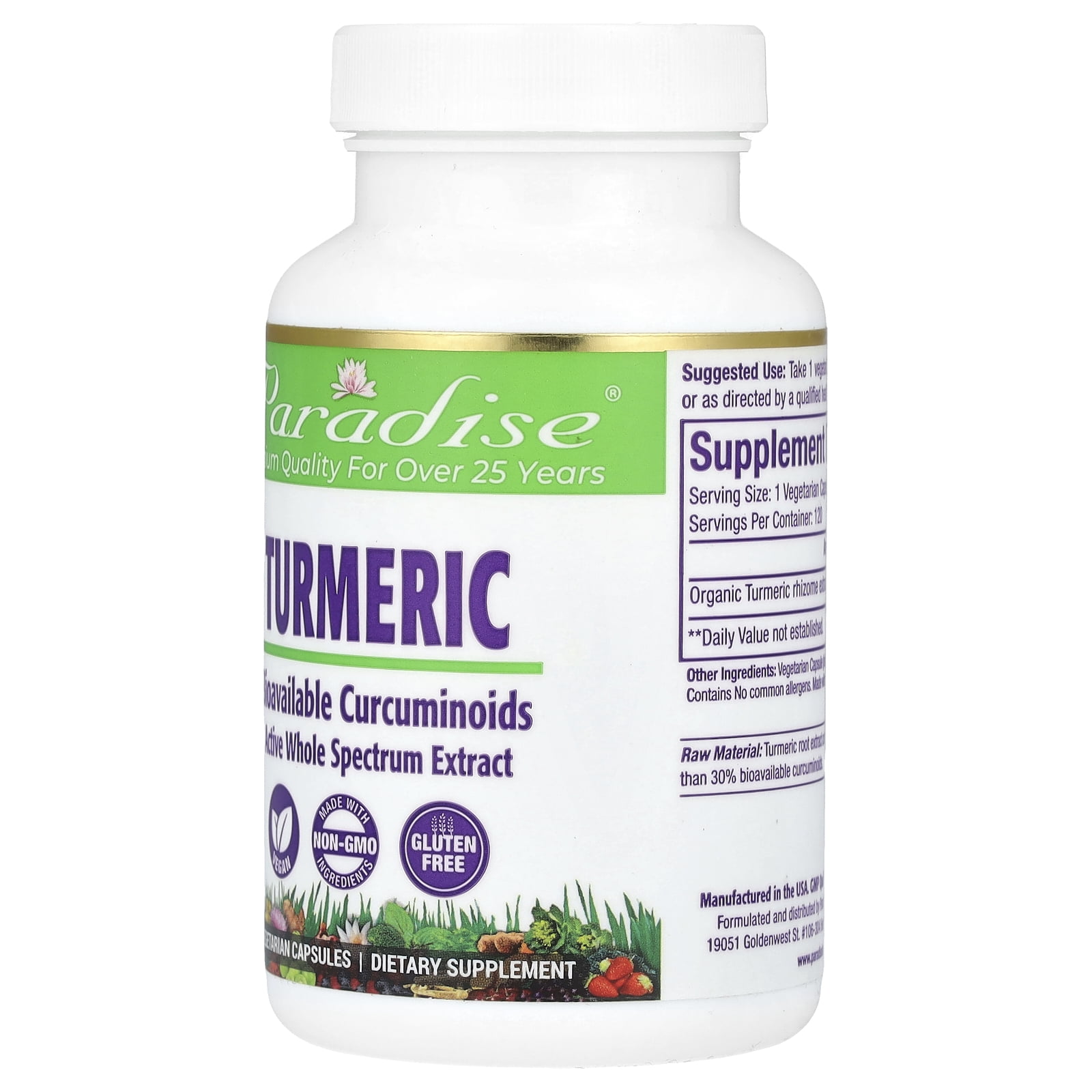 Paradise Herbs Turmeric, 120 Vegetarian Capsules (250 mg per Capsule)