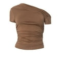 thumbnail image 6 of Yubnlvae Y2K Off-Shoulder Crop Tee - Ruched Sexy Summer Top, Going Out Shirt with Stretchy Fit (XS-L, 7 Neutral Colors) (Brown | S), 6 of 6