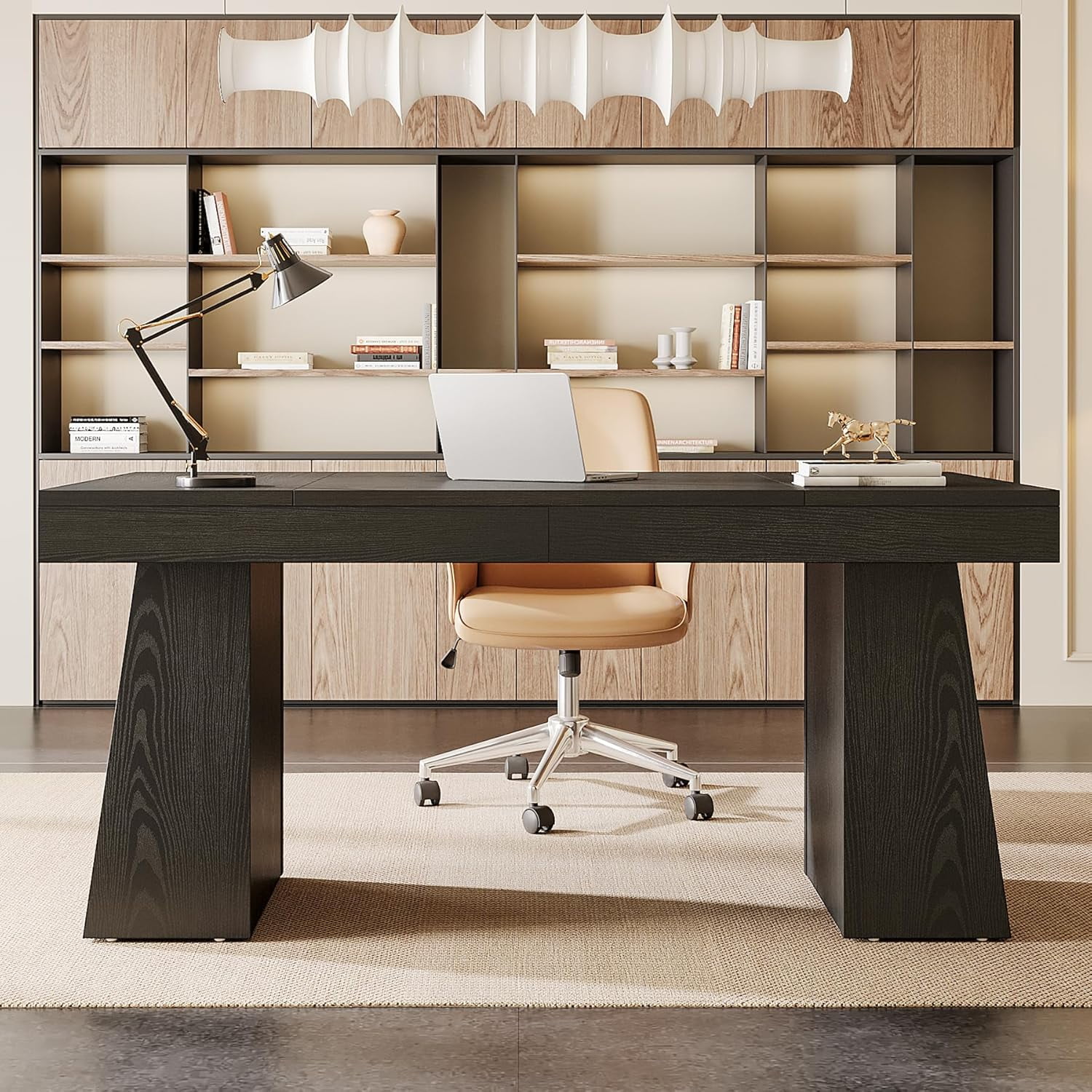 Tribesigns 55 Inches Executive Desk, Mid-Century Modern Home Office Desk with Double Trapezoid Base