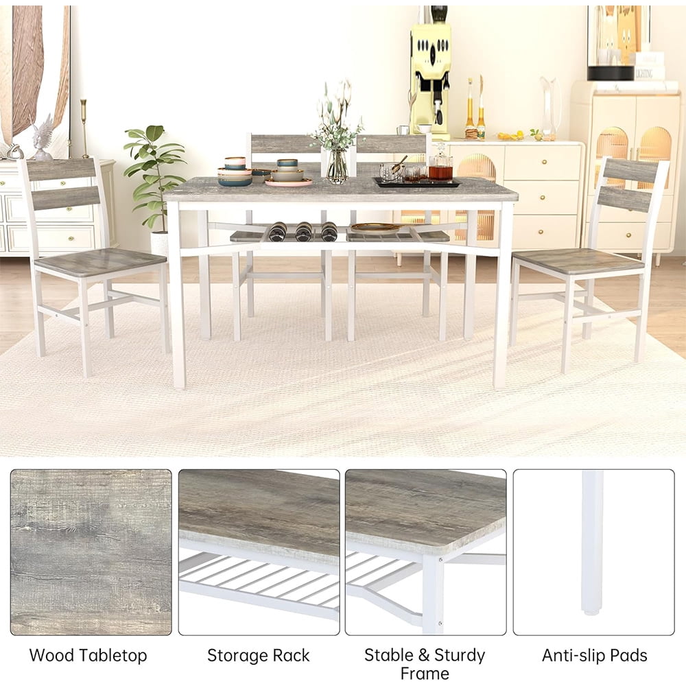 Cvortll Farmhouse Dining Table Set for 4, Wood Kitchen Table Chairs Set with Storage, Space-Saving Dinette Set for Breakfast Nook (Grey)