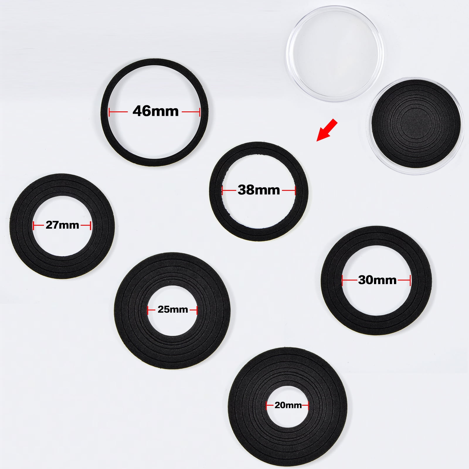 Fullcase 168 Pieces 46mm Coin Capsules with Foam Gasket and Plastic Storage Organizer Box, 6 Sizes (20/25/27/30/38/46mm) Coins Collector Case Holder for Coin Collection Supplies (Black)