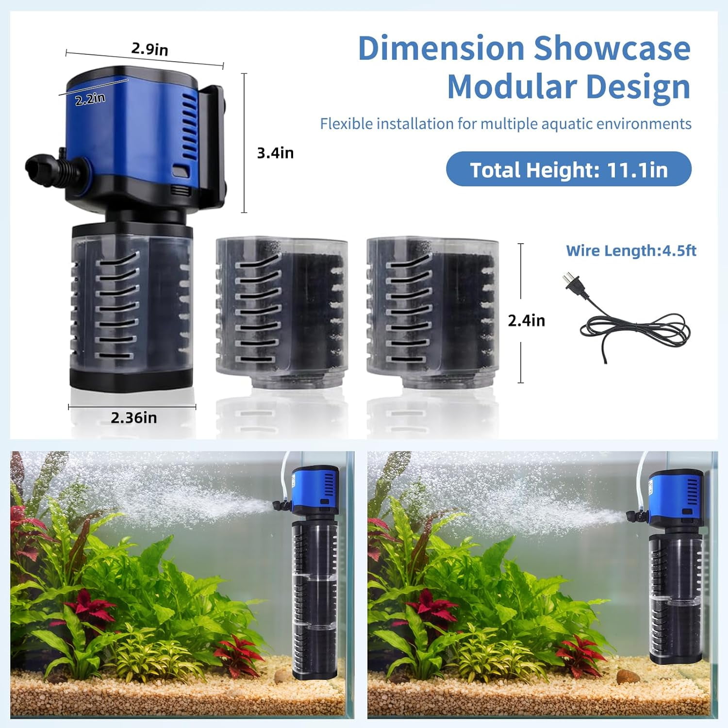 Adjustable Submersible Aquarium Filter 4-in-1 Biochemical Filtration 264GPH for 20-75 Gallon Fish Turtle Tanks Freshwater Saltwater